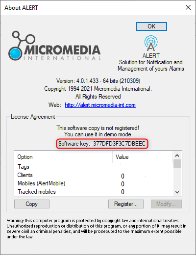 Software license registration dialog
