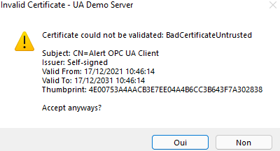 Invalid certificate dialog
