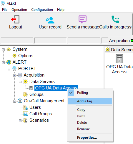 Right-click the OPC UA data server
