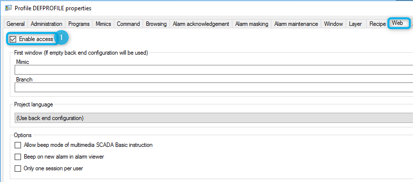 Profile properties - Web tab