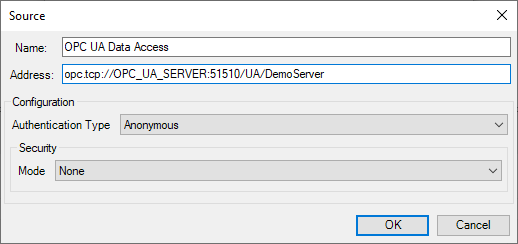 Source dialog — address filled in