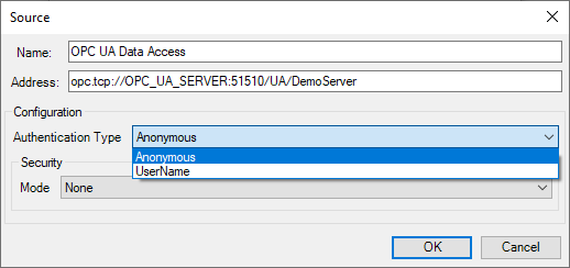 Authentication Type dropdown open