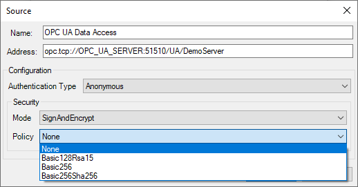SignAndEncrypt — Policy dropdown