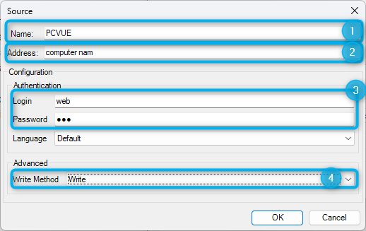 Source configuration window