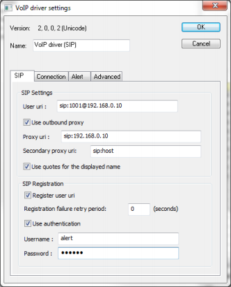 SIP driver configuration — registration credentials